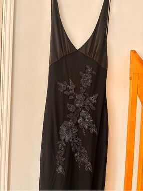 Meshki Black Slip Dress with Rhinestone Floral Embellishment